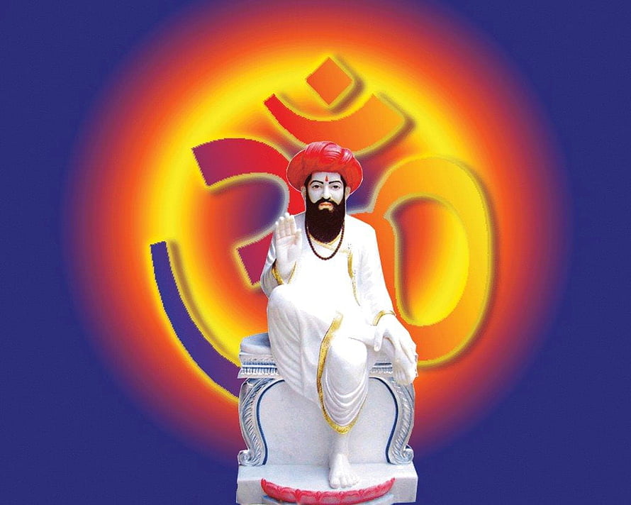 Sant Kabir Statue Sitting on Throne with Glowing Om Symbol Background HD wallpaper