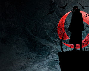 Dark Anime Silhouette with Glowing Red Eyes and Crescent Moon HD wallpaper