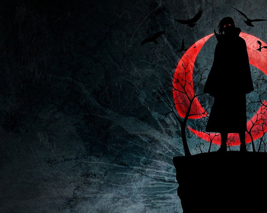 Dark Anime Silhouette with Glowing Red Eyes and Crescent Moon HD wallpaper