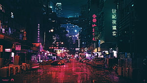 Neon-Lit Rainy Street in a Dense Asian City at Night HD wallpaper