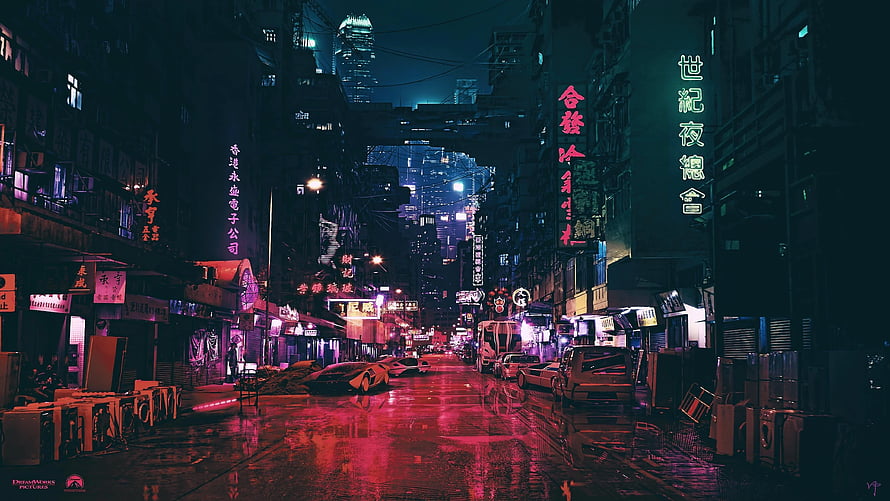 Neon-Lit Rainy Street in a Dense Asian City at Night HD wallpaper