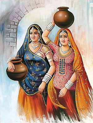 Traditional Indian Women Carrying Water Pots in Vibrant Sarees HD phone wallpaper