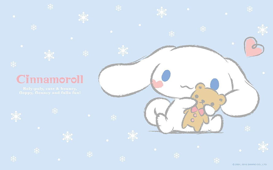 Cute Cinnamoroll Holding Teddy Bear With Snowflakes And Hearts On Blue Background HD wallpaper