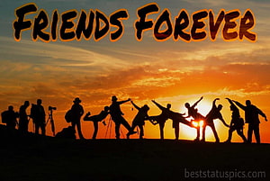 Silhouette of Friends Celebrating at Sunset with Friends Forever Text Overlay HD wallpaper