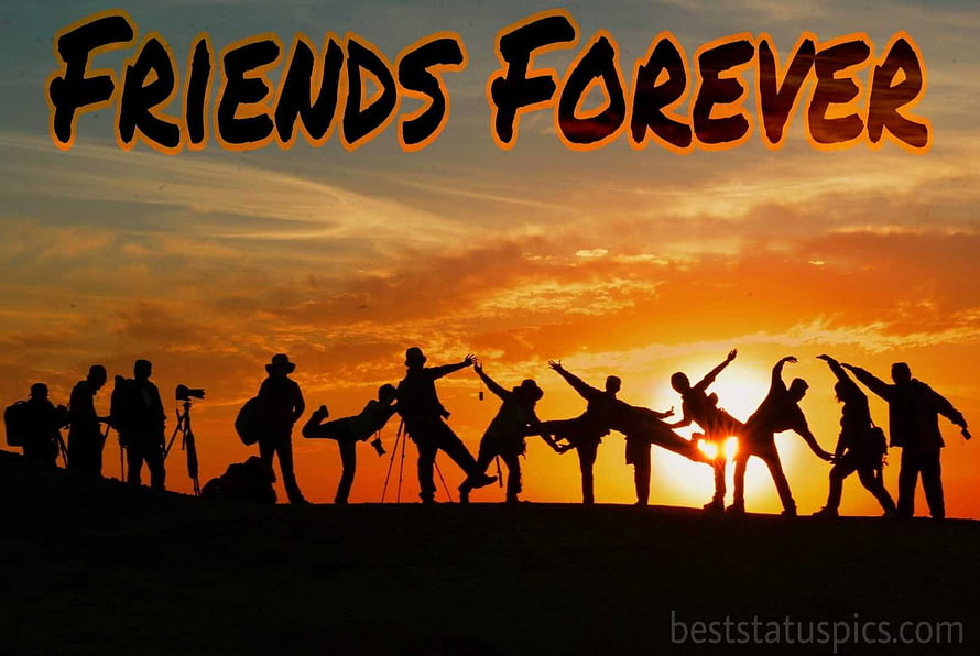 Silhouette of Friends Celebrating at Sunset with Friends Forever Text Overlay HD wallpaper