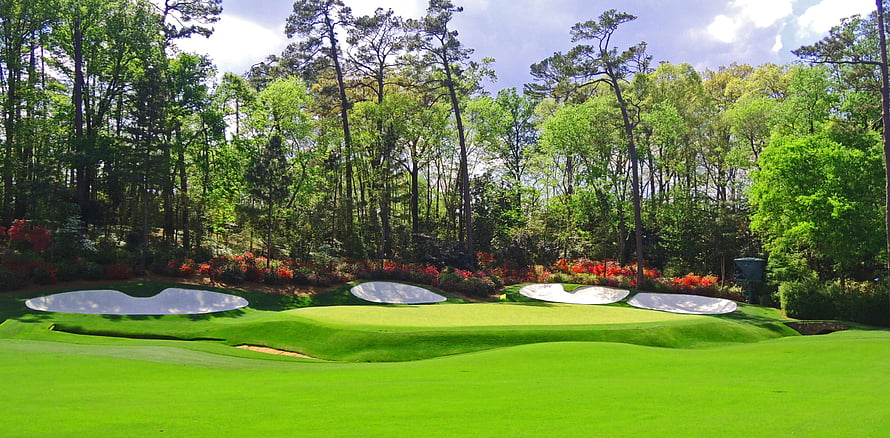 Augusta National Golf Club Fairway with Sand Bunkers and Lush Green Landscape HD wallpaper