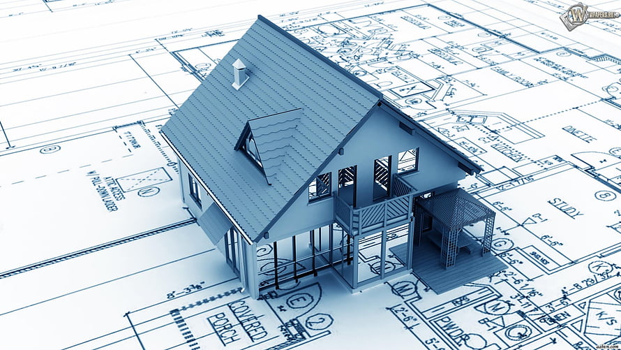3D House Model Rendered Over Architectural Blueprint Plans HD wallpaper