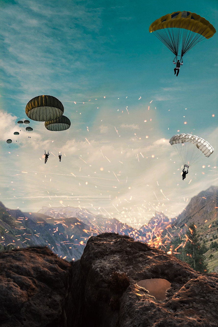 Paratroopers Descending Over Mountainous Terrain With Glowing Embers HD phone wallpaper