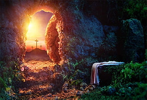 Empty Tomb With Burial Cloth And Distant Crosses At Sunrise HD wallpaper