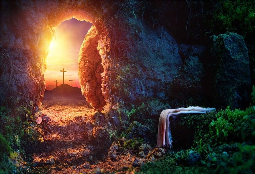 Empty Tomb With Burial Cloth And Distant Crosses At Sunrise HD wallpaper