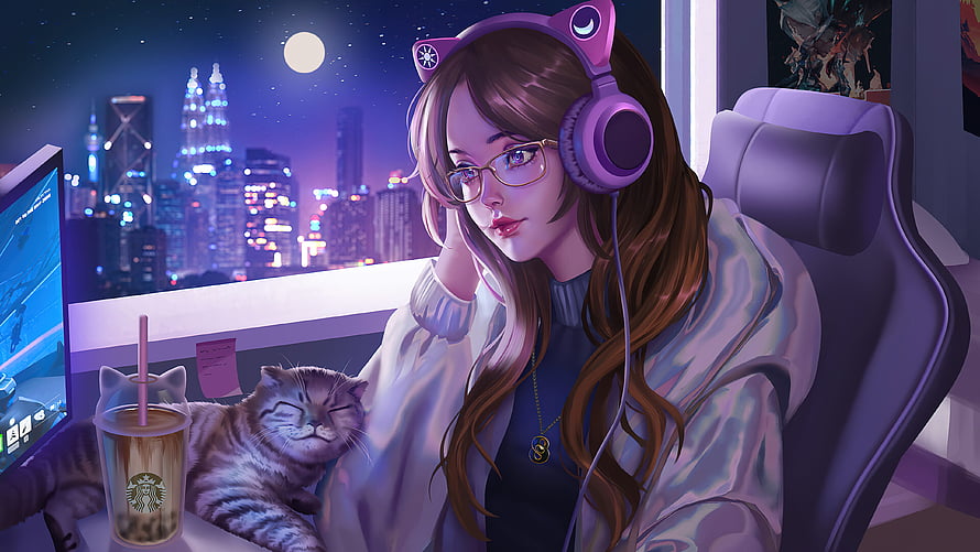 Anime Girl With Headphones And Cat In Cozy Room With City View HD wallpaper