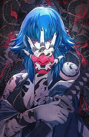 Blue-Haired Oni Masked Woman with Katana and Dragon Mural in Japanese Ink Art Style, : anime girls, original characters, women, blue hair, red eyes, covered face, oni mask, inked girls, tattoo, cleavage, katana, weapon, mural, dragon, Japan, Japanese Art, artwork, drawing, digital art, sketches, illustration, masked japanese women HD phone wallpaper