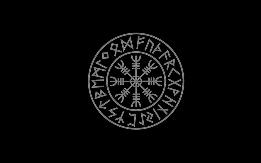 Circular Viking Rune Wheel with Elder Futhark Alphabet on Black Background HD wallpaper