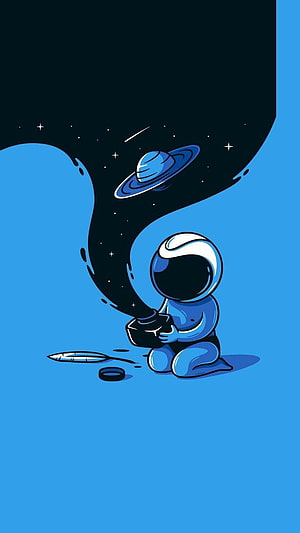 Cute Astronaut Pouring a Galaxy from a Bottle on a Blue Background HD phone wallpaper
