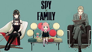 Spy x Family anime wallpaper featuring Loid, Yor, and Anya Forger sitting in a stylish living room setting HD wallpaper
