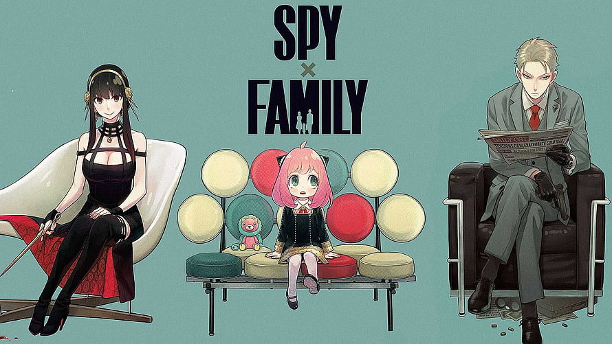 Spy x Family anime wallpaper featuring Loid, Yor, and Anya Forger sitting in a stylish living room setting HD wallpaper