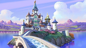 Magical Fantasy Castle on a Lake Island with Stone Bridge and Purple Mountains HD wallpaper