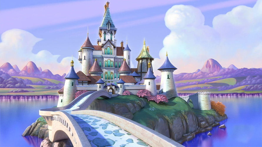 Magical Fantasy Castle on a Lake Island with Stone Bridge and Purple Mountains HD wallpaper