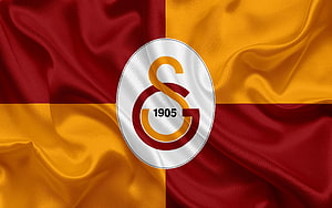 Galatasaray SK 1905 Club Crest on Waving Red and Yellow Flag Background HD wallpaper