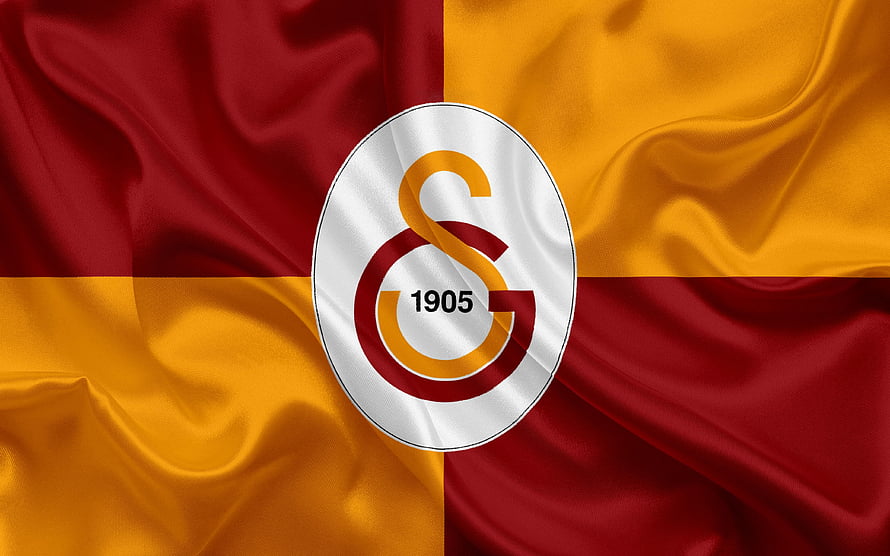 Galatasaray SK 1905 Club Crest on Waving Red and Yellow Flag Background HD wallpaper