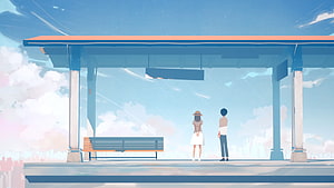 Anime Couple Standing at Bus Stop Under Blue Sky HD wallpaper