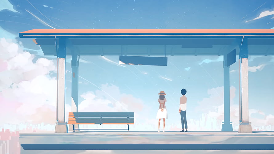 Anime Couple Standing at Bus Stop Under Blue Sky HD wallpaper
