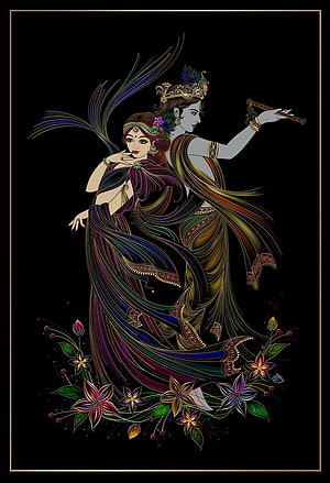 Radha and Krishna Playing Flute Artwork, Indian Mythology Couple Illustration HD phone wallpaper