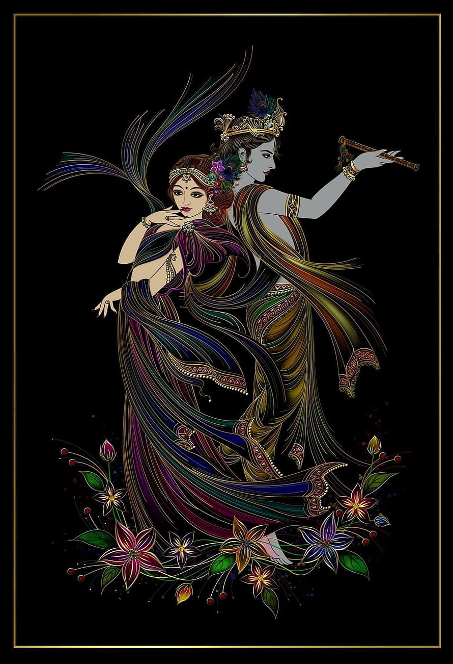 Radha and Krishna Playing Flute Artwork, Indian Mythology Couple Illustration HD phone wallpaper