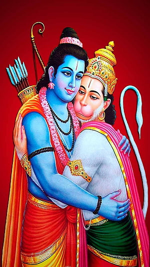 Emotional Portrait of Lord Rama and Hanuman Embracing in Traditional Indian Art Style, Shri Ram Hanuman, lord ram mobile HD phone wallpaper