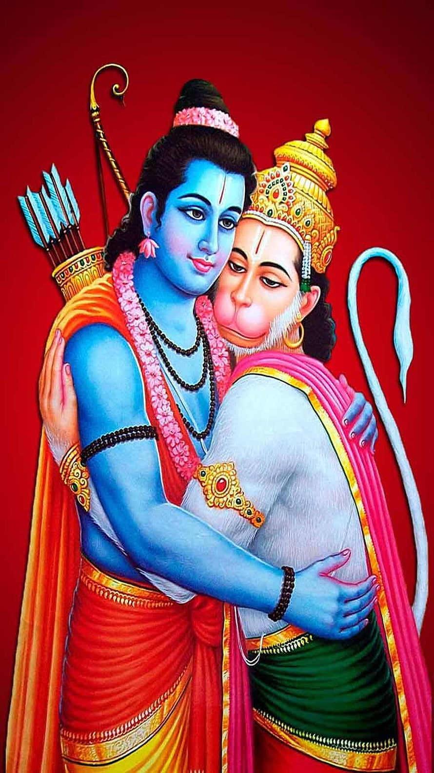 Emotional Portrait of Lord Rama and Hanuman Embracing in Traditional Indian Art Style, Shri Ram Hanuman, lord ram mobile HD phone wallpaper