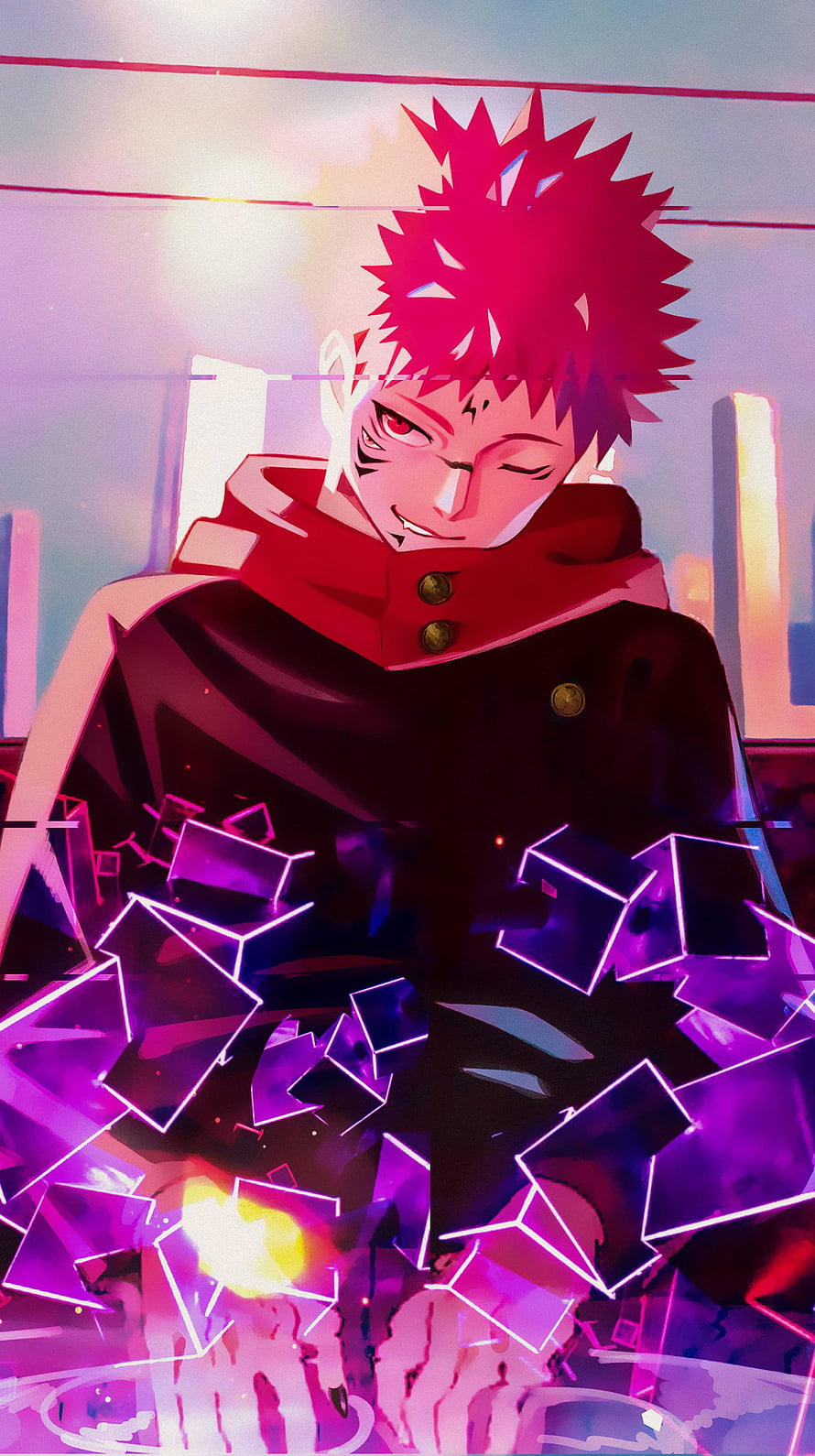 Jujutsu Kaisen Yuji Itadori Anime Character with Neon Purple Energy Effects HD phone wallpaper