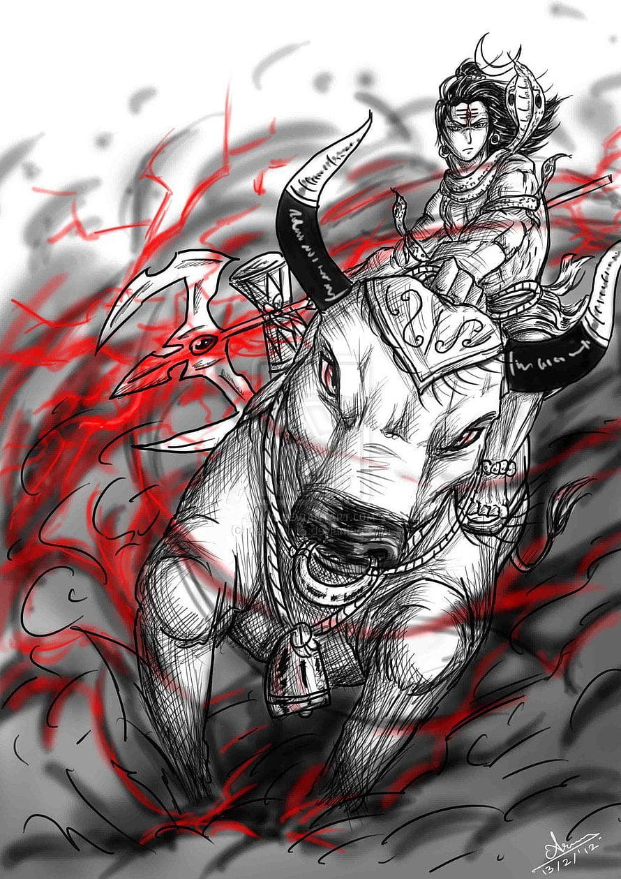 Lord Shiva Riding Nandi Bull in Dynamic Black and Red Ink Sketch HD phone wallpaper