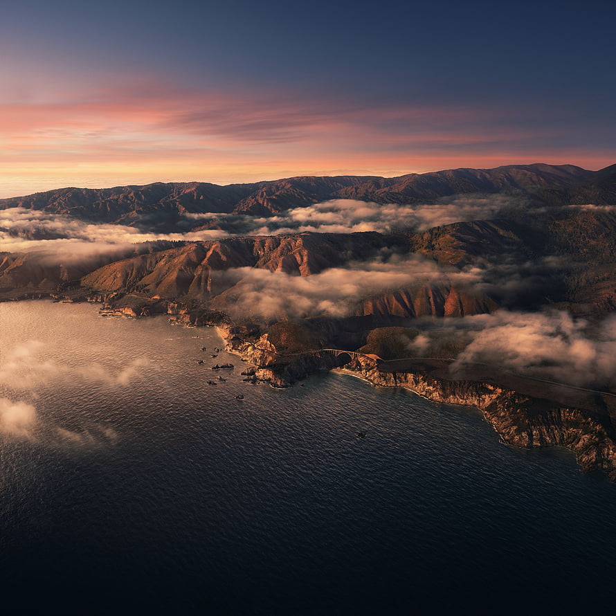 Aerial View of Bixby Creek Bridge at Sunset with Rolling Fog Over the Coast HD phone wallpaper