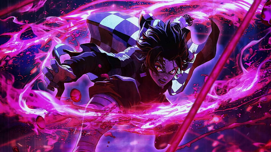 Tanjiro Kamado unleashing Hinokami Kagura with intense pink flames in dynamic anime action scene HD wallpaper