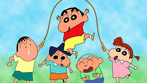Crayon Shin-chan Kids Jump Rope in a Sunny Outdoor Scene HD wallpaper