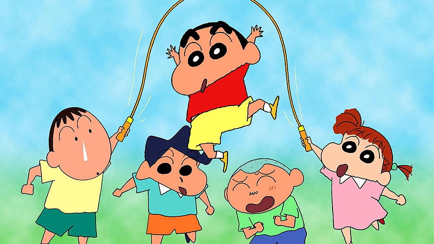 Crayon Shin-chan Kids Jump Rope in a Sunny Outdoor Scene HD wallpaper