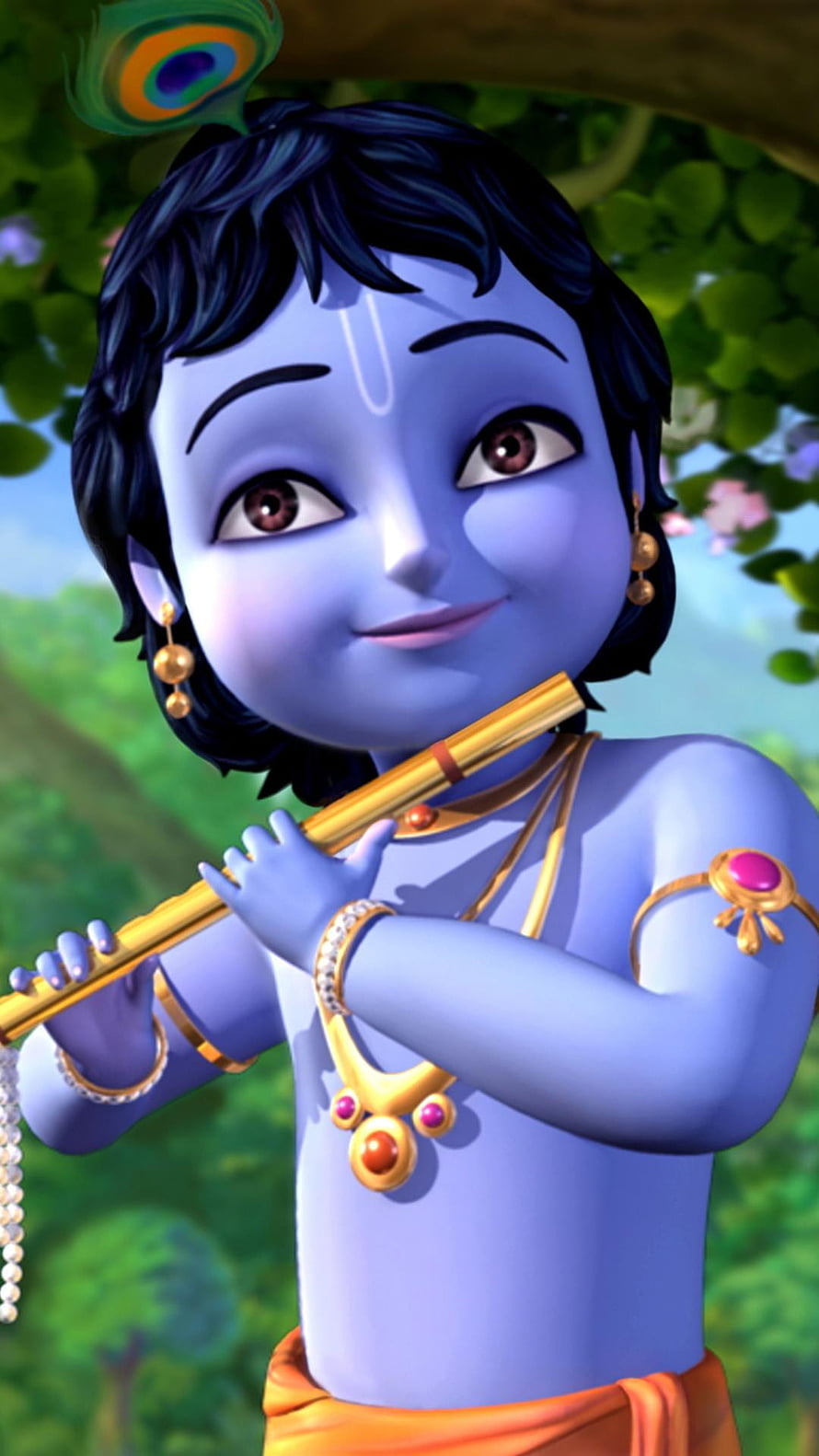 Cute Baby Krishna Playing Flute With Peacock Feather Crown HD phone wallpaper