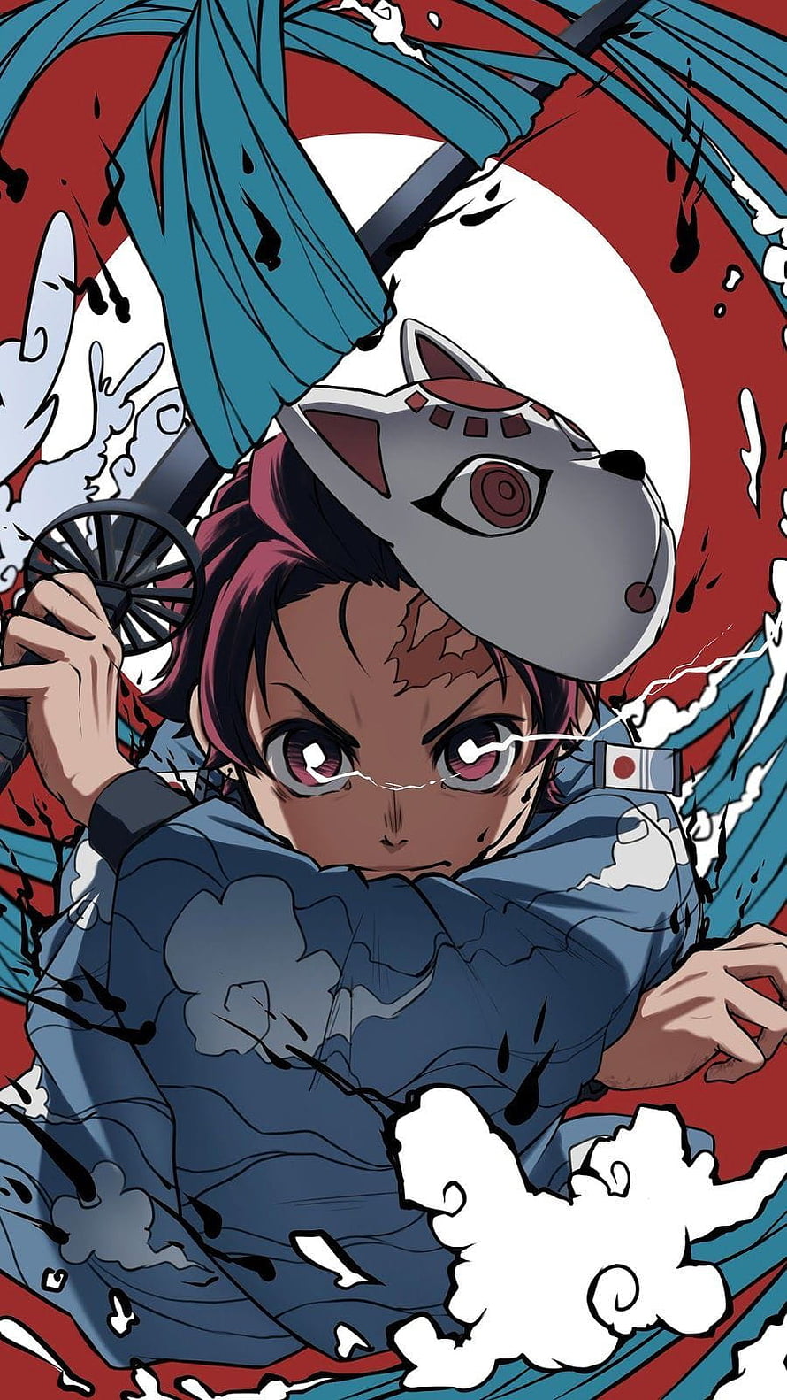 Demon Slayer Anime Character with Fox Mask and Umbrella in Dynamic Action Pose HD phone wallpaper