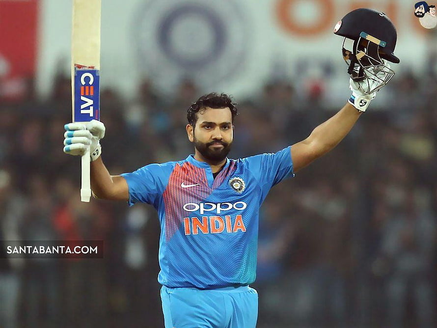 Rohit Sharma Celebrating a Century in Blue India Cricket Jersey HD wallpaper