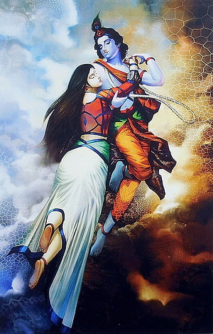 Radha and Krishna Embracing in the Clouds: Mythological Fantasy Art HD phone wallpaper