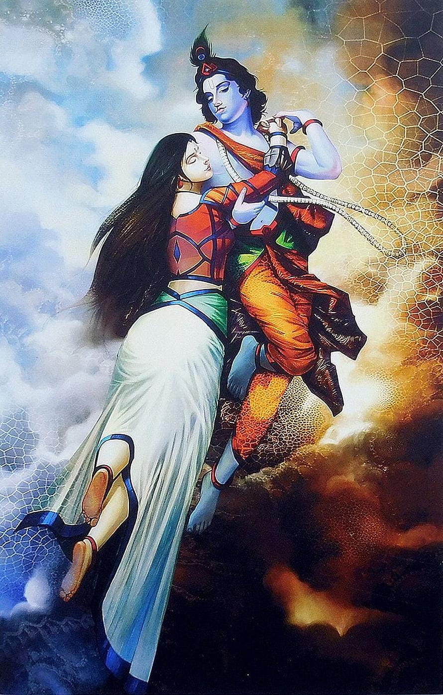 Radha and Krishna Embracing in the Clouds: Mythological Fantasy Art HD phone wallpaper