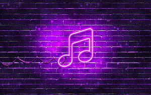Purple Neon Music Note Sign on Dark Brick Wall Background HD wallpaper
