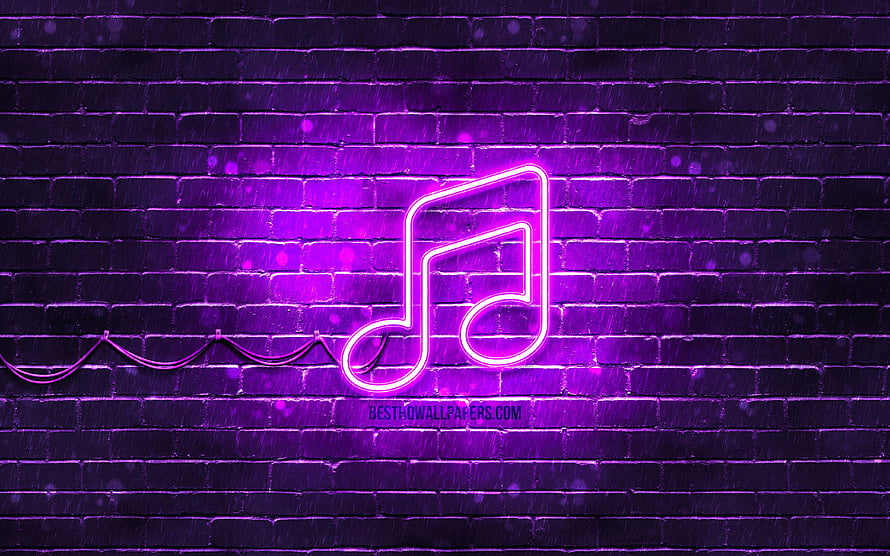 Purple Neon Music Note Sign on Dark Brick Wall Background HD wallpaper