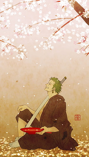 Roronoa Zoro Sitting Under Cherry Blossoms With Wado Ichimonji Sword HD phone wallpaper
