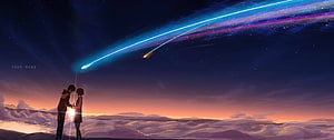 Your Name Anime Scene with Comet and Silhouettes at Sunset HD wallpaper