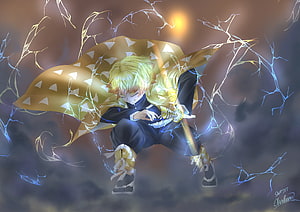 Tengen Uzui Demon Slayer Anime Character with Lightning and Patterned Cape HD wallpaper