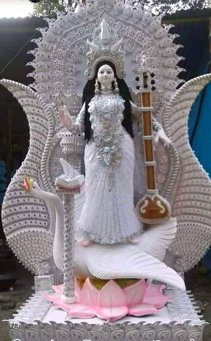 Saraswati Murti Statue on White Swan with Veena and Lotus HD phone wallpaper