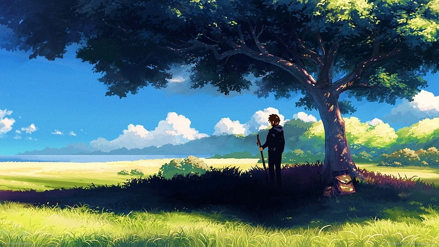 Anime Boy Standing Under Large Tree in Peaceful Green Meadow HD wallpaper