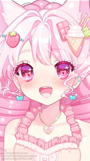 Cute Pink Anime Girl With Ice Cream Hair Accessories And Sparkling Eyes HD phone wallpaper