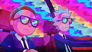 Rick and Morty in a vibrant psychedelic watercolor style with bold neon colors and surreal sky HD wallpaper